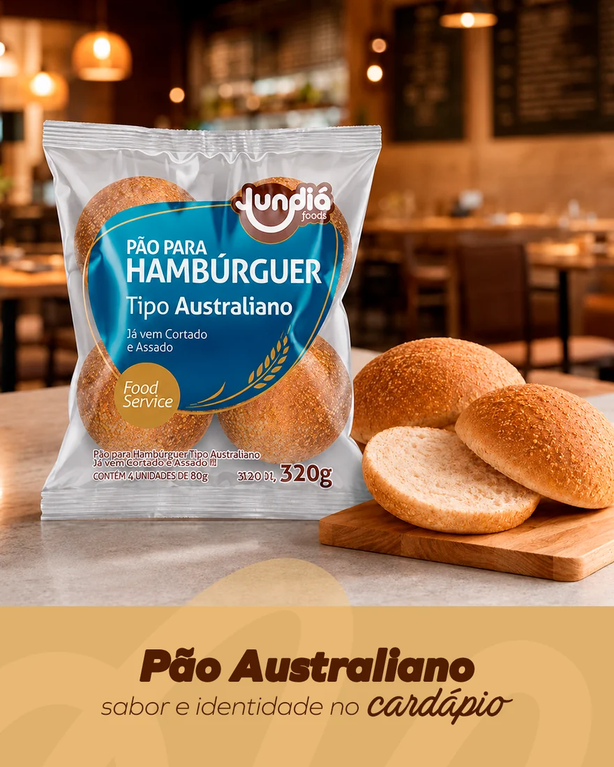 Embalagem do pão para hambúrguer tipo australiano Jundiá Foods com pães ao lado. Pão Australiano: sabor e identidade no cardápio.